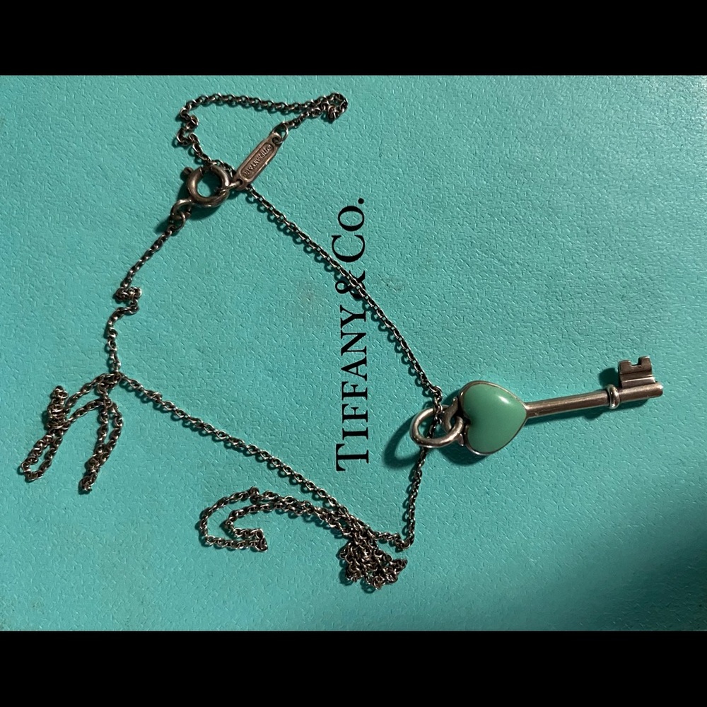 Tiffany & Co blue enamel heart key necklace